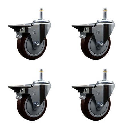 Service Caster 5'' Maroon Poly Swivel 7/16'' Grip Ring Stem Caster Set with Brake, 4PK SCC-GR20S514-PPUB-MRN-PLB-716138-4